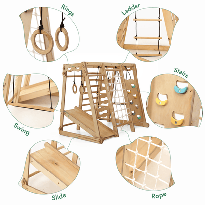 6in1 Toddler Wooden Climbing Frame -  Playground + Swings Set + Slide Board + Rope + Stairs
